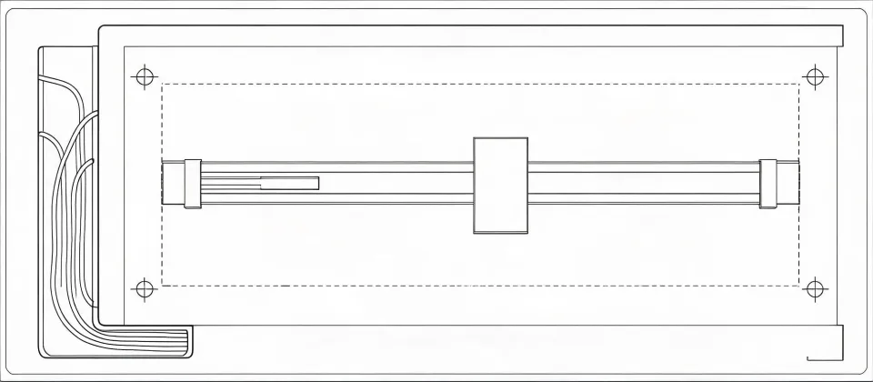 Schematic of an actuator mounting bay with pin centres, cable route and work envelope