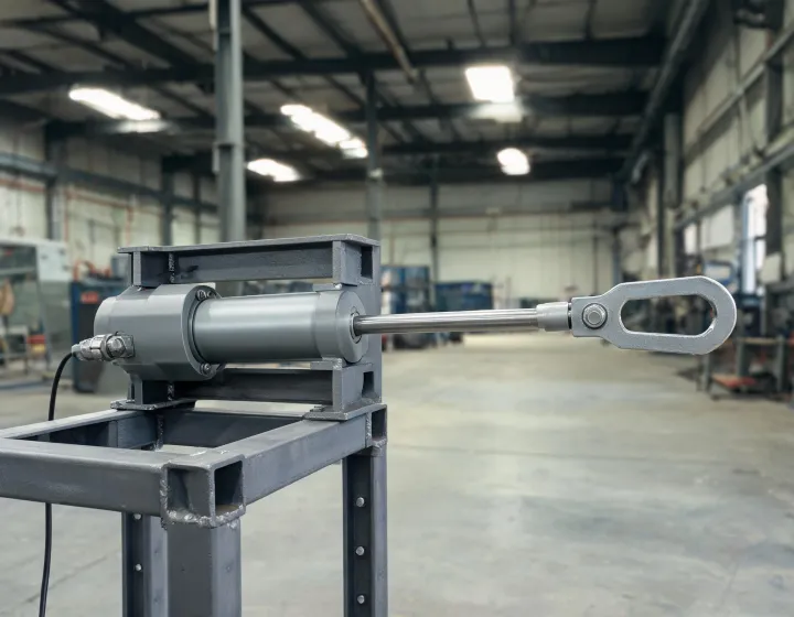 Rod-style electric linear actuator mounted on a machine frame with visible stroke and cable gland